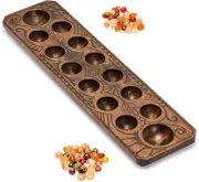 Mancala Set with 17.3-Inch Solid Wood Board and Quartz Pebble Playing Pieces,