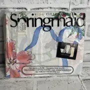 VINTAGE SPRINGMAID King Size Fitted Sheet Ribbon Bouquet White USA