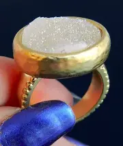 Designer Hammered Yellow Gold 24k Amazing Oval Ring White Druzy Agate Sz 6.5