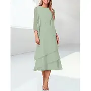 Beach Wedding Sage Sheath Mother of the Bride Dress Elegant Jewel Neck Tea Length Chiffon 3/4 Length Sleeve Wrap Included with Ruching free custom size