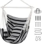 Goutime Hammock Chair Swing with 2 Seat Cushions Pillows, Hanging Chair with Detachable Metal Support Bar, Swing Chair with Carry Bag, Hanging Chair for Bedroom, Outdoor Chair(Gray Stripe)