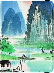 [Amooorous] Chinese Ink Painting Landscape Green Leather decorative passport holder for travel women Travel Documents Organizer Protector Travel Passport Wallet With Vaccination Card Slot Waterproof, Chinese ink