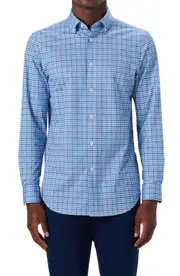 Bugatchi OoohCotton® Plaid Button-Down Shirt in Turquoise at Nordstrom, Size Medium