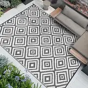Famibay Outdoor Rug Garden Waterproof Large Outdoor Carpet Patio Rugs Reversible Plastic Straw Mat Lightweight Grey Geometric Garden Carpet for Camping Balcony Deck Porch BBQ
