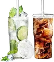 HIYAA Glass Cups with Lids and Glass Straws, 2PCS 20OZ Iced Coffee Cups, Home Essential and Coffee Bar Accessories Tumblers with Lid and Straw for Juice, Smoothies, Cold Beverages, Latte, Clear