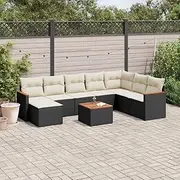 9 Piece Garden Sofa Set with Cushions, Black Poly Rattan, Patio Furniture Set, Outdoor Chairs and Table, Wicker Balcony Seating, Modular Design with Acacia Wood Top, Weather Resistant