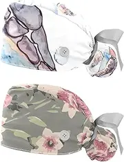 [WOSHJIUK] Working Hat 2 Pack Scrub Caps for Women,Watercolor sea Turtle Ocean,Tie Back Cap Adjustable Scrub Hat