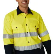 Tradie Men's Long Sleeve Reflective Tape Hi Vis Work Shirt - Neon Yellow