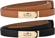 [AYNKH] 2PCS Women Skinny Leather Belt, Adjustable Fashion Slim Thin Waistband Alloy Turn Lock Buckle Belts for Dress Jeans Pants Coat, Classic Solid Color, Multicolour, One Size