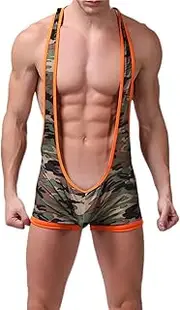 [GSFLYSH] Mens One-Piece Leotard Wrestling Singlet, Undershirts Camouflage Backless Jumpsuit Sexy Jockstrap Underwear Bodysuit Boxer Shorts