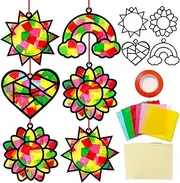 Qyeahkj 32 Set Rainbow Heart Suncatchers Paper Craft Kit Sunflower Sun Suncatchers Ornaments DIY Window Art Stained Glass Decor for Window Classroom Crafts Creative Art Projects Kids Party Favors Gift