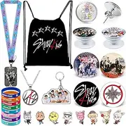 [eTel Like] Stray Kids Gifts Set, Including Drawstring Bag Backpack, Necklace, Earrings, Bracelets, Button Pins, Lanyard ID Holder, Keychain, Phone Ring Holder, Cartoon Badge, Zinc, Opal