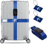 Gamasen Heavy Duty Luggage Straps, TSA Certified Customs Lock, Adjustable Cross Suitcase Shoulder Strap, Lock Metal tag 3-Piece Set (Dark Blue)