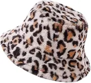 [Healeved] Fashionable Plush Leopard Fisherman Hat Women's Men's Warm Cap Merino Wool Beanies Hat Brim Outdoor Accessory Beige