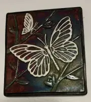 J. Diller Raku Floral Butterfly Art Pottery Wall Hanging Tile