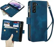 [GoshukunTech] for Samsung Galaxy S23 Plus Wallet Case with 9 Card Holders,for Galaxy S23 Plus 5G Case Zipper Coin Pocket PU Leather Flip Cover Kickstand Protective Phone Purse with Wrist Strap-Blue