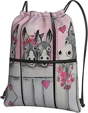 EdWal Donkey And Flower Print Drawstring Backpack Gym Bags Sports Bags With Zipper Pocket For Travel Beach, Black, One Size