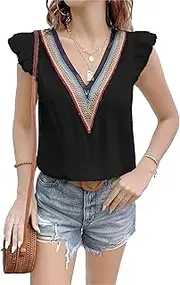 [Zylphorix] Women Crochet Lace V-Neck T Shirt Lotus Leaf Sleeve Pullovers for Shopping Walking Summer Loose Casual Shirts Tops