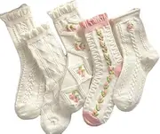 [Tyadorw] 5 Pairs White Cute Socks, Women's Lace Ruffles Ankle Casual Sock, Cottagecore Breathable Mid Tube Socks, Floral Crew Socks