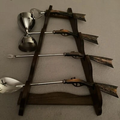 Gun Themed Bar Set - 4 Utensils Barware Drinking Tools Kitchen With Hanging Rack