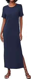 [Casly Lamiit] Women's Short Sleeve Double Split Maxi Dress 2024 Summer Casual Plain Striped Loose T Shirt Long Dresses