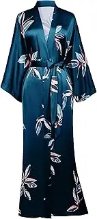 Prodesign Damen Morgenmantel Blätter Muster Maxi Lang Robe Kimono Sommer Satin Bademantel Damen Strandkleid Leicht Schlafmantel