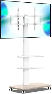 FITUEYES Mobile Floor TV Stand with Swivel Mount for 32-70 Inch Flat/Curved TVs, 3-Shelf Portable Rolling TV Cart with Load Capacity up to 88 lbs,Max VESA 600x400mm(White)