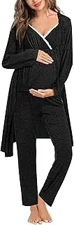 [SWOMOG] Maternity Nursing Robe Set 3 Piece Breastfeeding Pajamas 3 in 1 Labor Delivery Sleevless Tops&Long Pants Pregnancy Pjs, Black Grey, Medium
