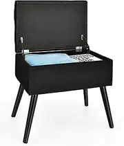 Costway Vanity Stool with Storage, Velvet Ottoman with Solid Wood Legs & Flip-Up Padded Seat, Modern Footrest Stool, Rectangular Shoe Changing Stool for Makeup Room, Entryway & Bedroom