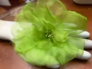 vintage millinery 1960s hand rolled pin back 6" flower apple green organza USA