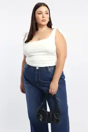 White Tank Top Tie Shoulder Side Ruched