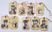 9~Ephemera~Handmade~Linen Cardstock~French~Doors~Gift~Hang~Tags~Junk Journals