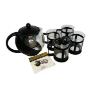 Primula 40 oz Glass Infuser Tea Pot 4 Mugs Black Holder Handles w/ Tea Bags *NEW