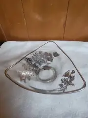 Vintage Silver City Flanders Poppies Clear Glass Silver Overlay , Trinket Candy