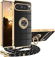 Google Pixel 9 Pro XL Case with Strap, Mobile Phone Case Google Pixel 9 Pro XL with Chain Cord Stand Scratch-Resistant Silicone Mobile Phone Chain Shockproof Protective Case for Google Pixel 9