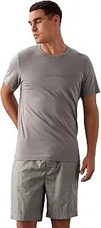 [Calvin Klein] Men's Cotton POPLIN Sleep S/S Crew Neck Short Set S/S Crew Neck Short Set, Brushed Nickel (TOP)/ Diamond Logo Brushed Nickel (Bottom)