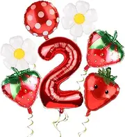 7pcs Strawberry Party Balloons Kit, Strawberry Balloon Garland Sweet Number Strawberry Party Decorations Strawberry Foil Balloons for Birthday Backdrops (Number 2)