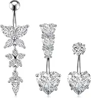 [Meng Jiaran] 3PCS Stainless Steel Belly Button Bars 14G Belly Button Rings Dangly Belly Button Piercing Rings Hypoallergenic Navel Piercing Jewllery, As Show, Stainless Steel, No Gemstone