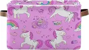 Cute Unicorns Pink Storage Bin, Foldable Decorative Fabric Basket with Handle for Home/office