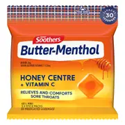 SOOTHERS Butter-Menthol Honey Centre Sore Throat Lozenges 30 Pack