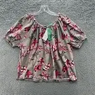 United Colors Benetton Top Womens Small Beige Pink Floral Boxy Peasant T Shirt