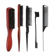 Gizmi - Wooden Handle Hair Brush (Various Designs) / Set Set Of 5 - Width Hair Brush & Thin Hair Brush & 3 Pcs Hair Comb - Reddish Brown & Brown & Black - One Size