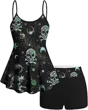 [ROSE GAL] Rosegal Women Plus Size Gothic Tummy Control Modest Tankini Swimsuit Skulls Print Two Piece Bathing Suits