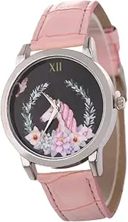 [OATIPHO] Unicorn Pattern Leather Strap Quartz Watch for Belt Watch with Panel Birthday and Casual Style for Students White