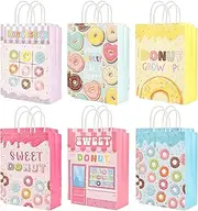 Grifito 12/24Packs Doughnut Style Paper Bags 21x15x8cm (8.3x6x3.2inch) with Handles Small Gift Bags 6 Different Pattern Kraft Muticolor Paper Bags for Party Favor, Wedding, Retail, Shopping