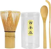 4Pcs Matcha Whisk Set, Handmade Matcha Tea Set, Reusable Japanese Matcha Ceremony Accessory with Matcha Whisk (Chasen), Traditional Scoop (Chashaku), Tea Spoon, Whisk Holder