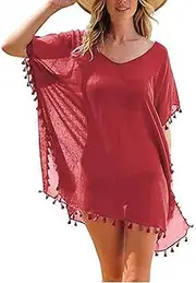 [Hiliby] Swimming Shorts Women Plus Size Chiffon Cover Women's Trim Tassels Tops Loose Beach Swimwear Bikini Kaftan Up Plus Size Swimwear Womens Pants Suit Size 6