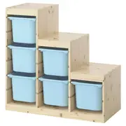 TROFAST storage combination with boxes, light white stained pine/light blue, 94x44x91 cm