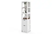 Giantex 5-tier Bathroom Cabinet Wood Storage Organiser w/2 Drawer & Open Shelf 145cm Tallboy Cupboard White