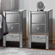 ALFORDSON 2x Mirrored Bedside Table 3 Drawers Grey